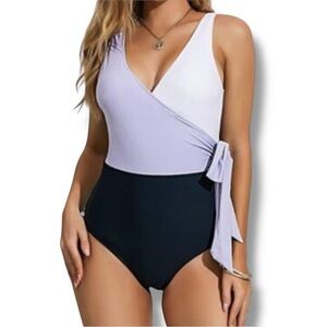 FELNART Navy Purple White Color Block V-Neck Wrap One Piece Swimsuit Large | NWT